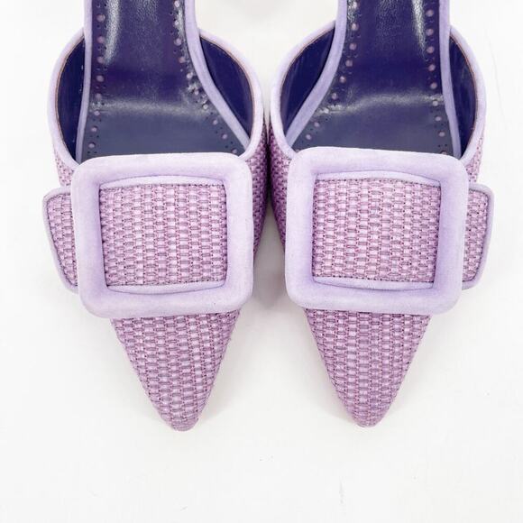 Manolo Blahnik Mayslibi Lilac Raffia Slingback Buckle Pointed Toe Heels IT 38.5 - Picture 7 of 12